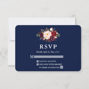 Elegant Burgundy Floral Blue Wedding RSVP Karte