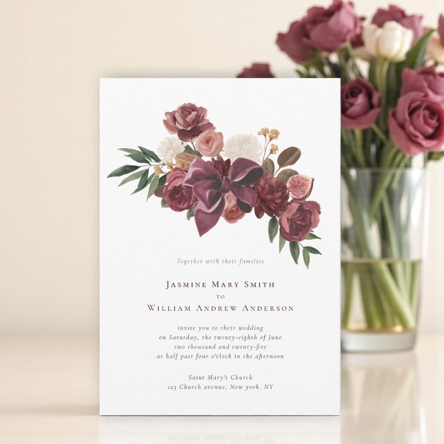 Elegant Burgundy Floral Botanical Wedding Invite Einladung (Von Creator hochgeladen)