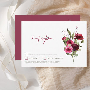 Elegant Burgundy Floral Bouquet Wedding RSVP Karte