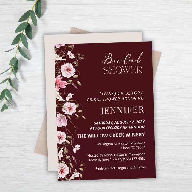 Elegant Burgundy Floral Bridal Shower Invitation Einladung (Von Creator hochgeladen)