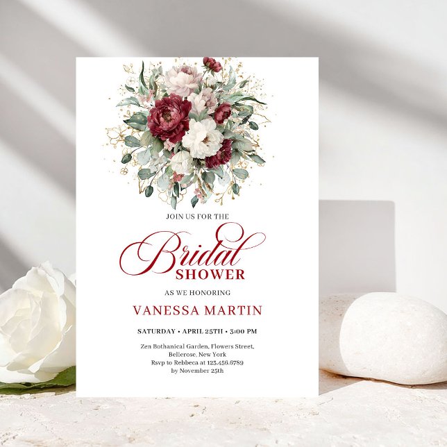 Elegant Burgundy Floral Bridal Shower Invitation Einladung (Elegant Burgundy Floral Bridal Shower Invitation)