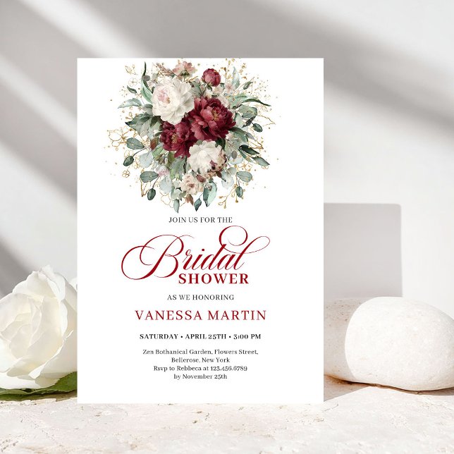 Elegant Burgundy Floral Gold Bridal Shower Invite Einladung (Elegant Burgundy Floral Gold Bridal Shower Invite

)