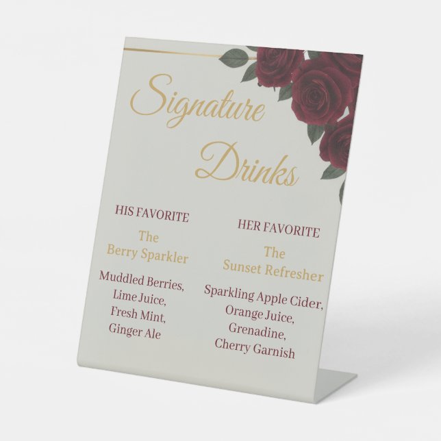 Elegant Burgundy Floral&Gold Signature Drinks Sign Sockelschild (Vorderseite)