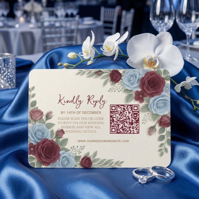 Elegant Burgundy Floral Modern QR Code Wedding RSVP Karte (Von Creator hochgeladen)