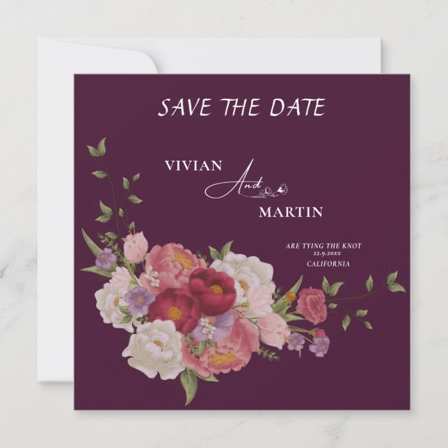 Elegant Burgundy Floral Monogram Save the Date Einladung (Vorderseite)