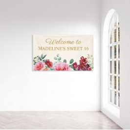Elegant Burgundy Floral Pink Peonies Sweet 16 Banner