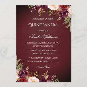 Elegant Burgundy Floral Quinceanera Einladung
