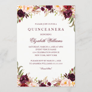 Elegant Burgundy Floral Quinceanera Einladung