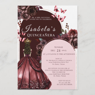 Elegant Burgundy Floral Quinceanera Invitation Einladung