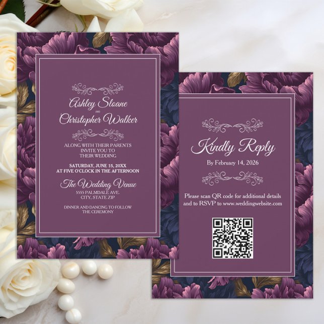 Elegant Burgundy Floral RSVP QR code Wedding Einladung (Elegant burgundy velvet floral wedding invitation/rsvp combo with your QR code )