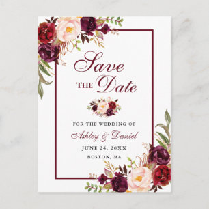 Elegant Burgundy Floral Save the Date Ankündigungspostkarte