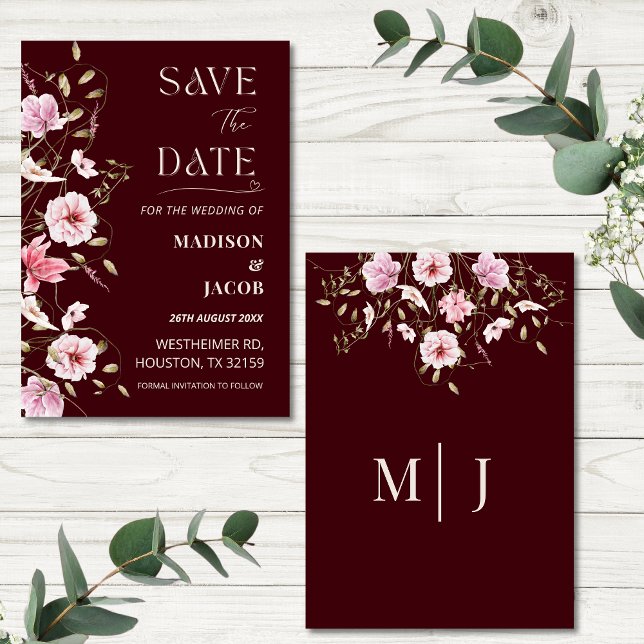 Elegant Burgundy Floral Save the Date Card Einladung (Von Creator hochgeladen)