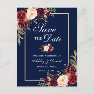 Elegant Burgundy Floral Save the Date Gold Blue Ankündigungspostkarte
