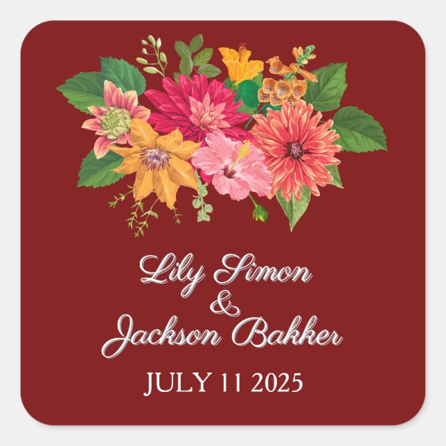 Elegant Burgundy Floral Wedding Quadratischer Aufkleber (Vorderseite)