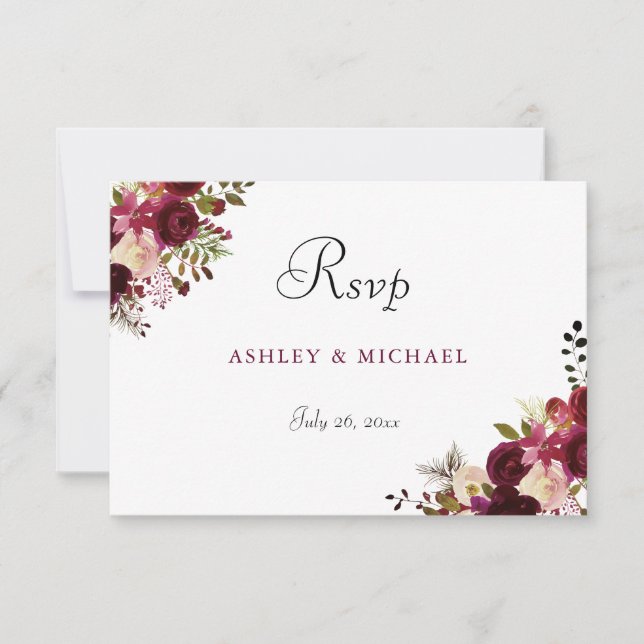 Elegant Burgundy Floral Wedding RSVP (Vorderseite)