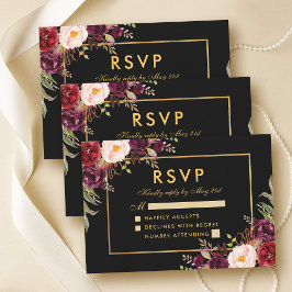 Elegant Burgundy Floral Wedding RSVP Black Gold Karte