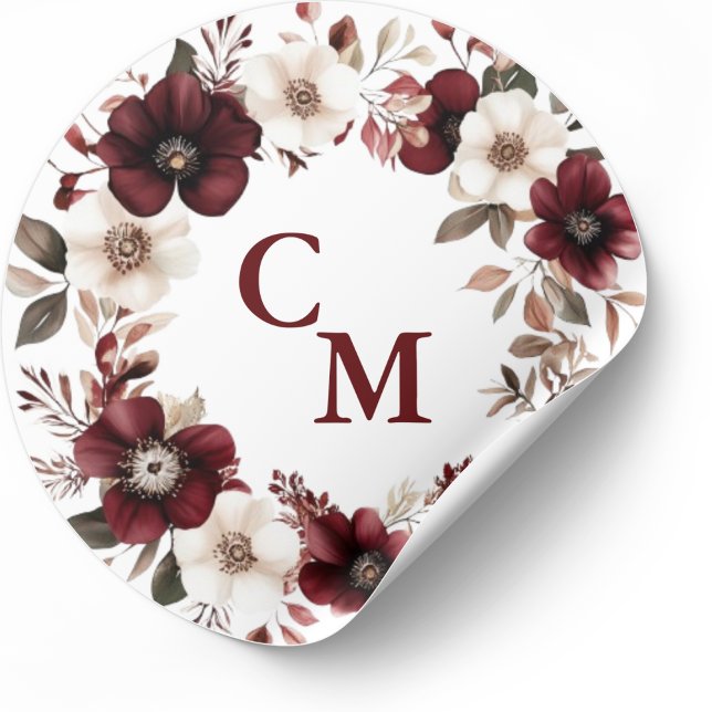 Elegant Burgundy Floral Wedding Runder Aufkleber (Von Creator hochgeladen)