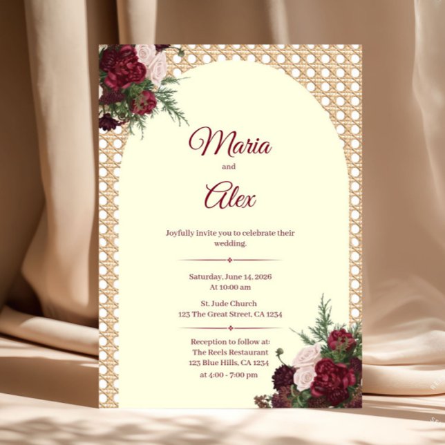 Elegant Burgundy Florals and Rattan Border Wedding Einladung (Burgundy and Ivory Wedding Invitation)