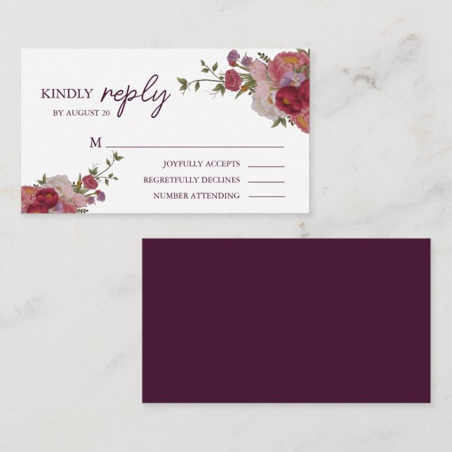 Elegant Burgundy Forest Floral Wedding RSVP Begleitkarte (Vorne/Hinten)