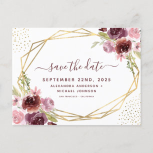 Elegant Burgundy Geometric Floral Save the Date Ankündigungspostkarte