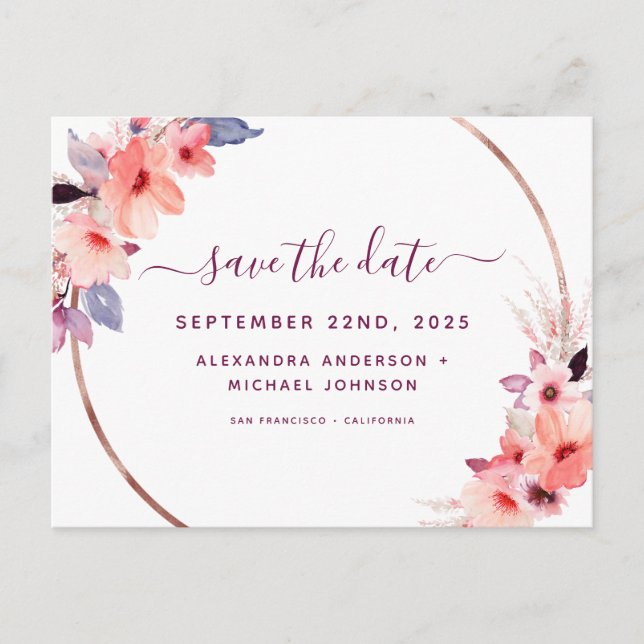 Elegant Burgundy Geometric Floral Save the Date Ankündigungspostkarte (Vorderseite)