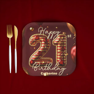 Elegant Burgundy & Gold 21. Geburtstagsfeier Pappteller
