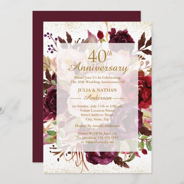 Elegant Burgundy Gold 40. Hochzeitstag Einladung (Vorne/Hinten)