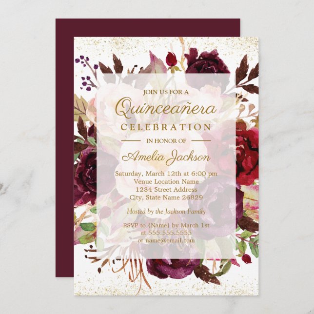 Elegant Burgundy Gold Bloom Quinceanera Geburtstag Einladung (Vorne/Hinten)