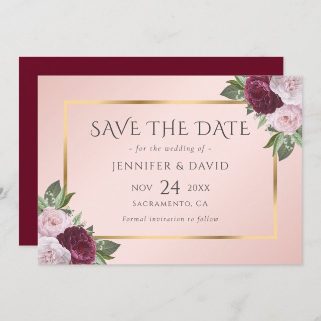 Elegant Burgundy Gold Blush Pink Floral Save The Date (Vorne/Hinten)