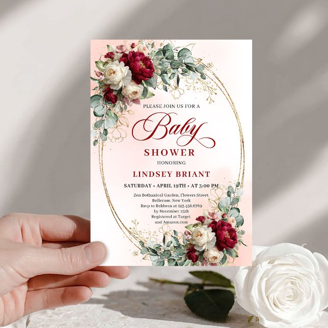 Elegant Burgundy Gold Boho Baby Shower Invitation Einladung (Elegant Burgundy Gold Boho Baby Shower Invitation)
