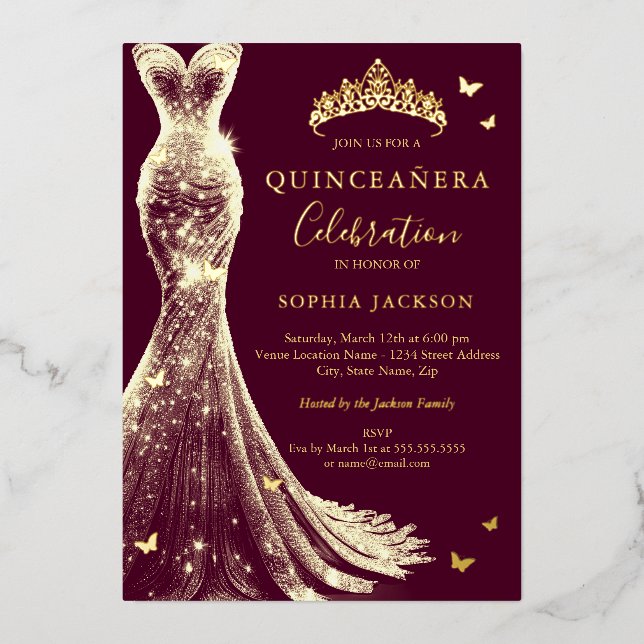 Elegant Burgundy Gold Butterfly Quinceanera Folieneinladung (Vorderseite)