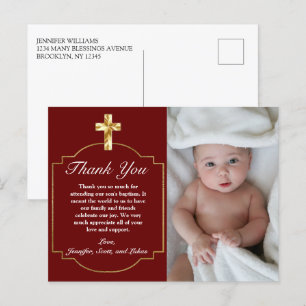 Elegant Burgundy Gold Cross Taufe Vielen Dank Postkarte