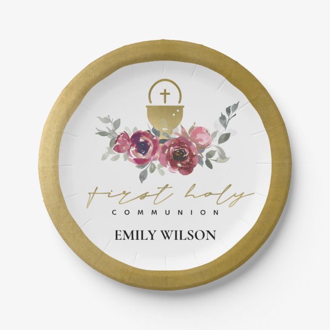 ELEGANT BURGUNDY GOLD FLORAL ERSTE HOLZGEMEINSCHAF PAPPTELLER (Vorderseite)