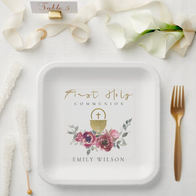 ELEGANT BURGUNDY GOLD FLORAL ERSTE HOLZGEMEINSCHAF PAPPTELLER (Hochzeit)