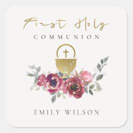 ELEGANT BURGUNDY GOLD FLORAL ERSTE HOLZGEMEINSCHAF QUADRATISCHER AUFKLEBER