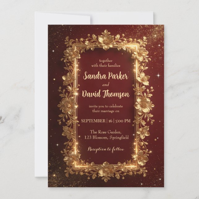 Elegant Burgundy & Gold Floral Frame Wedding  Einladung (Vorderseite)