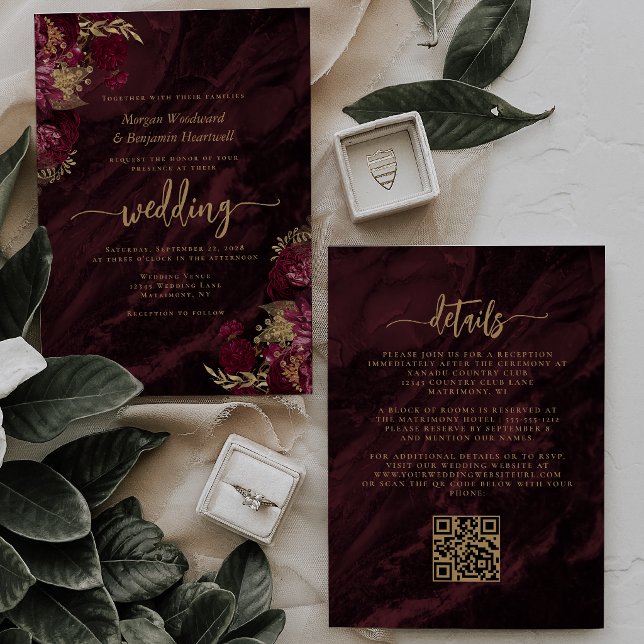 Elegant Burgundy Gold Floral QR Code Wedding Einladung (Von Creator hochgeladen)