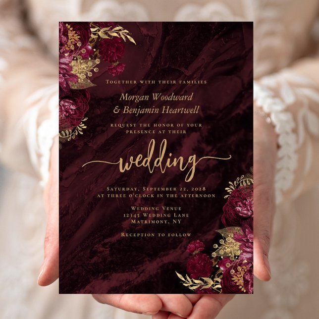Elegant Burgundy Gold Floral Wedding Einladung (Von Creator hochgeladen)