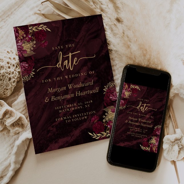 Elegant Burgundy Gold Floral Wedding Save the Date Einladung (Von Creator hochgeladen)