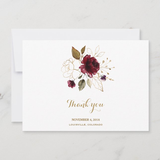 Elegant Burgundy Gold Floral Wedding Vielen Dank Dankeskarte (Vorderseite)