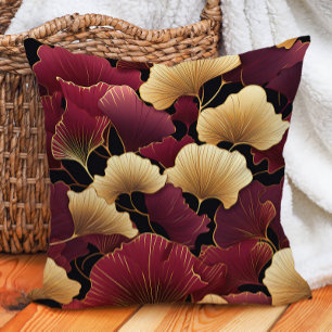 Elegant Burgundy Gold Ginko Blätter Black Kissen