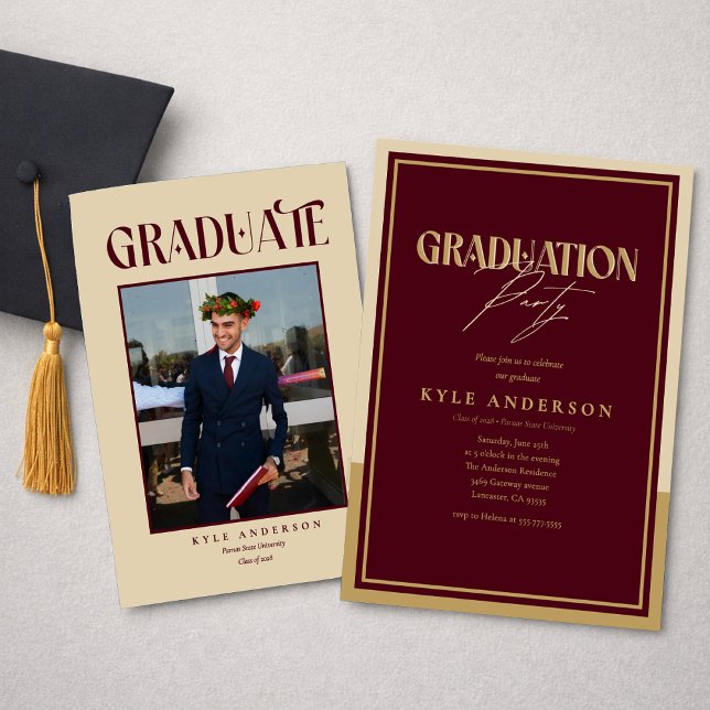 Elegant Burgundy Gold Graduation Party Photo   Einladung (Von Creator hochgeladen)