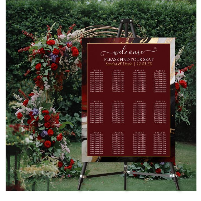 Elegant Burgundy Gold Marble Wedding Seating Chart Poster (Von Creator hochgeladen)