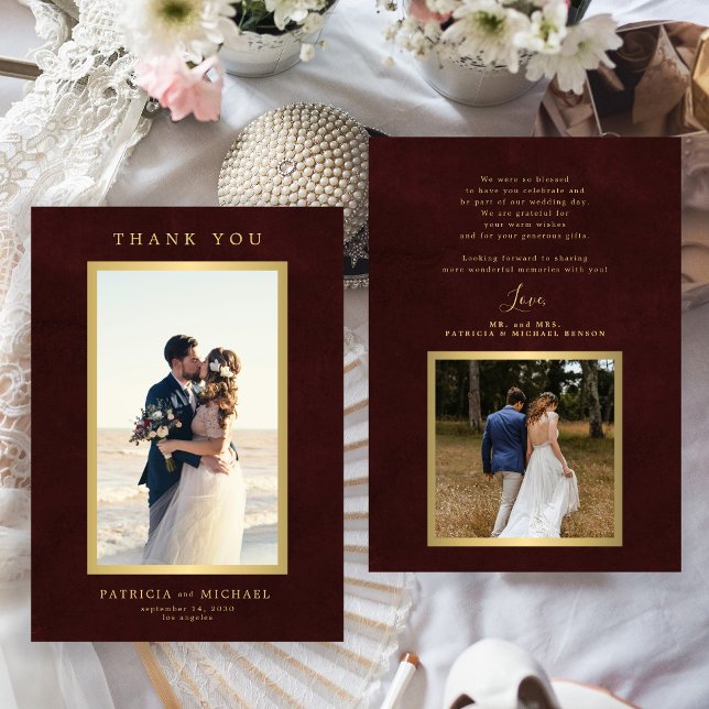 Elegant burgundy gold photo wedding  dankeskarte (Von Creator hochgeladen)