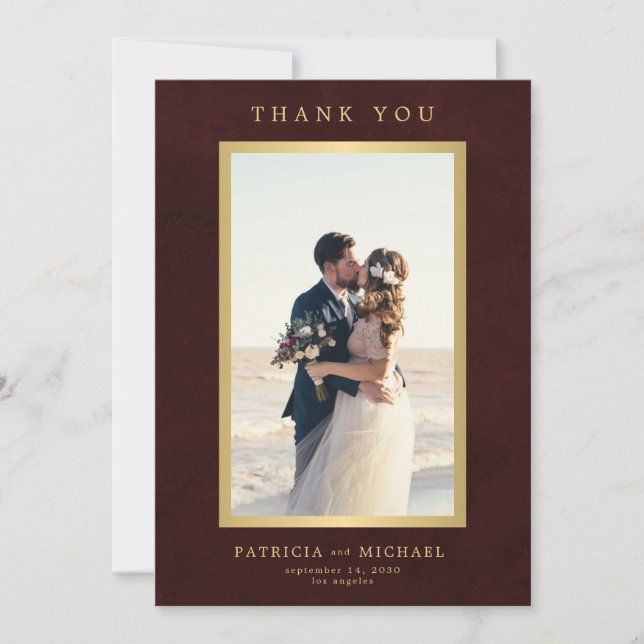 Elegant burgundy gold photo wedding  dankeskarte (Vorderseite)