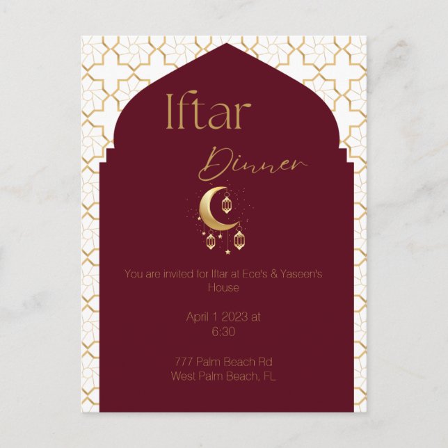 Elegant Burgundy & Gold Ramadan Iftar Einladung Postkarte (Vorderseite)