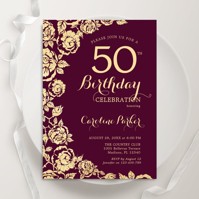 Elegant Burgundy Gold Rose 50. Geburtstag Einladung (Von Creator hochgeladen)