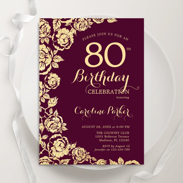 Elegant Burgundy Gold Rose 80. Geburtstag Einladung (Von Creator hochgeladen)