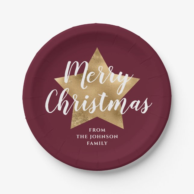 Elegant Burgundy Gold Star Frohe Weihnachten Pappteller (Vorderseite)
