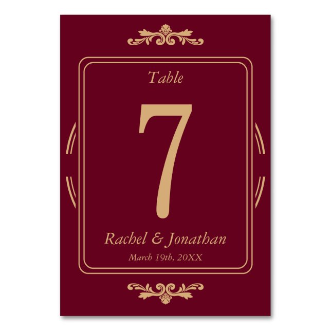 Elegant Burgundy & Gold Wedding Table Number Card Tischnummer (Vorderseite)